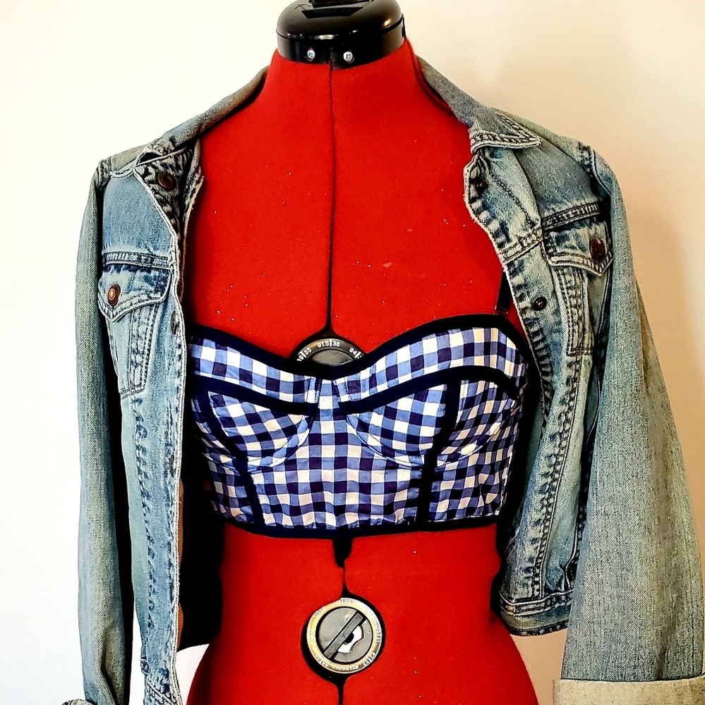 Anthropologie Eloise Bustier Crop Top Blue Gingham